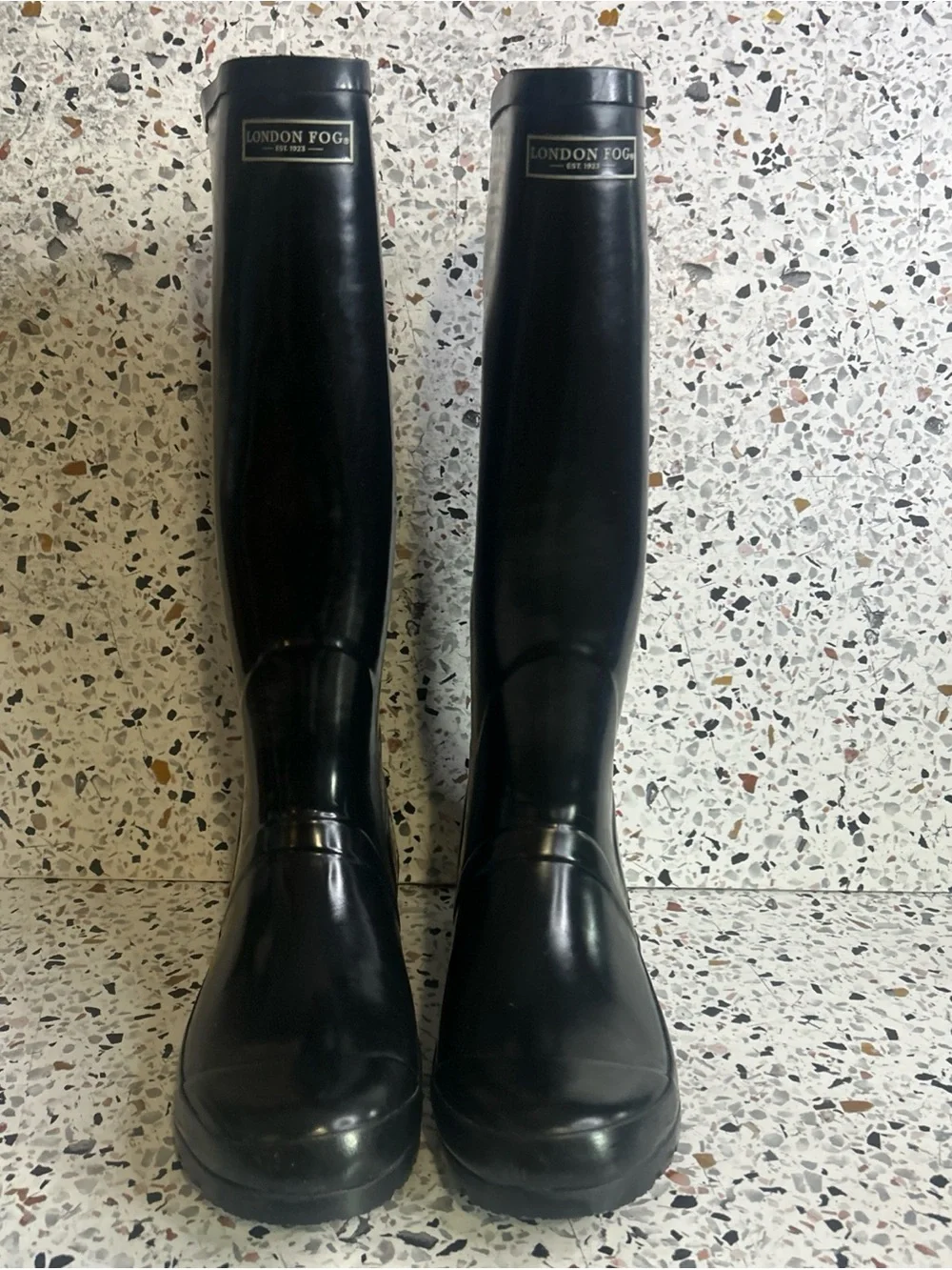 New London Fog Thames Boots Tall Waterproof Shiny Black Sz 9 Rain